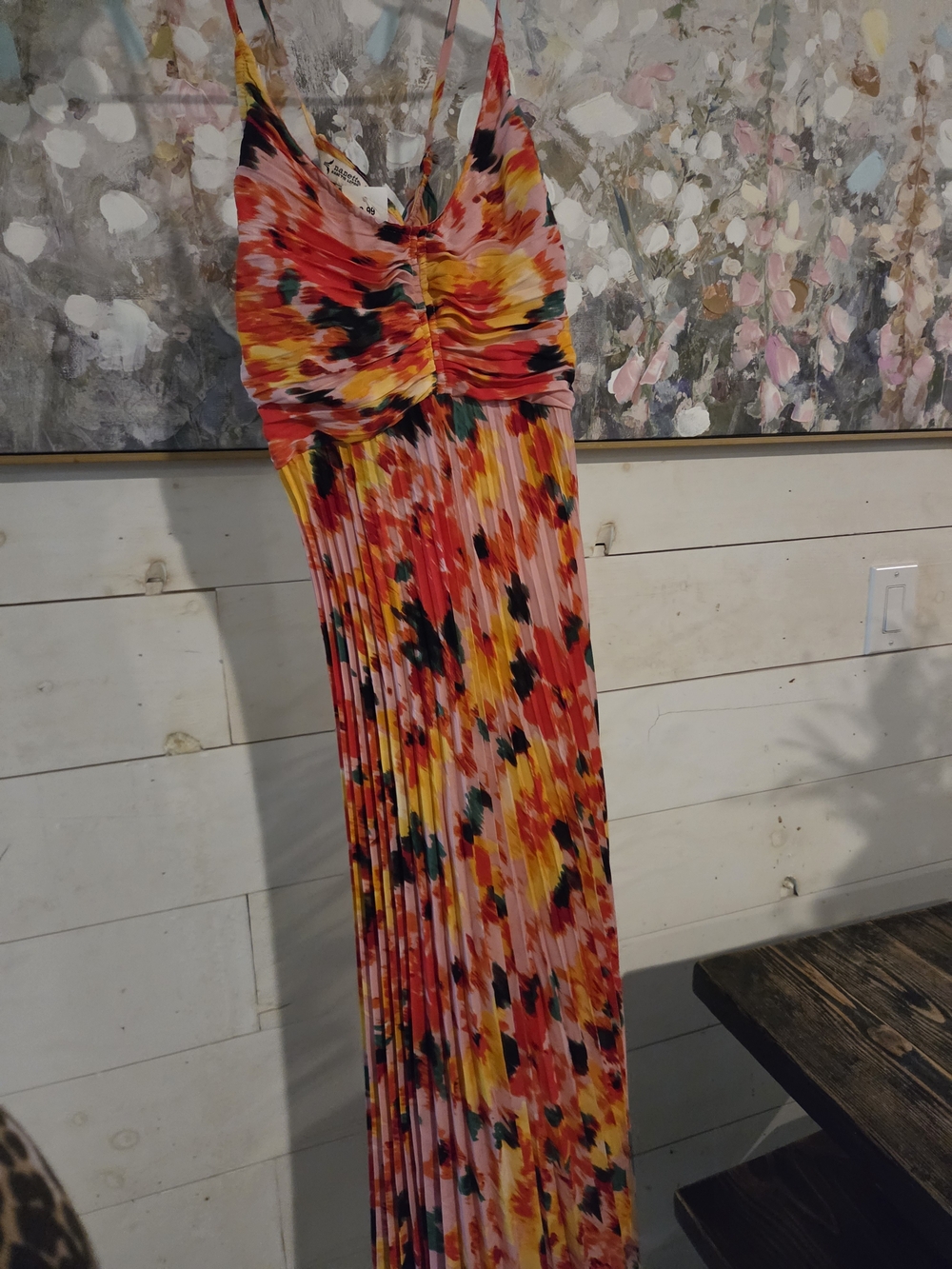 Nanette Lepore Pink Floral Pleated Maxi Dress with Red and Yellow Accents
